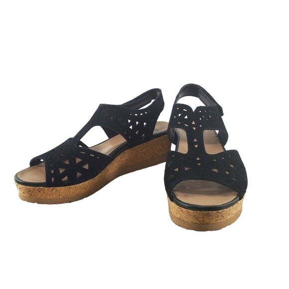 Earth Buran Rosa 8.5 Black Kid Suede Wedge Sandal T Strap Ankle Cork Cut Out - Picture 1 of 13